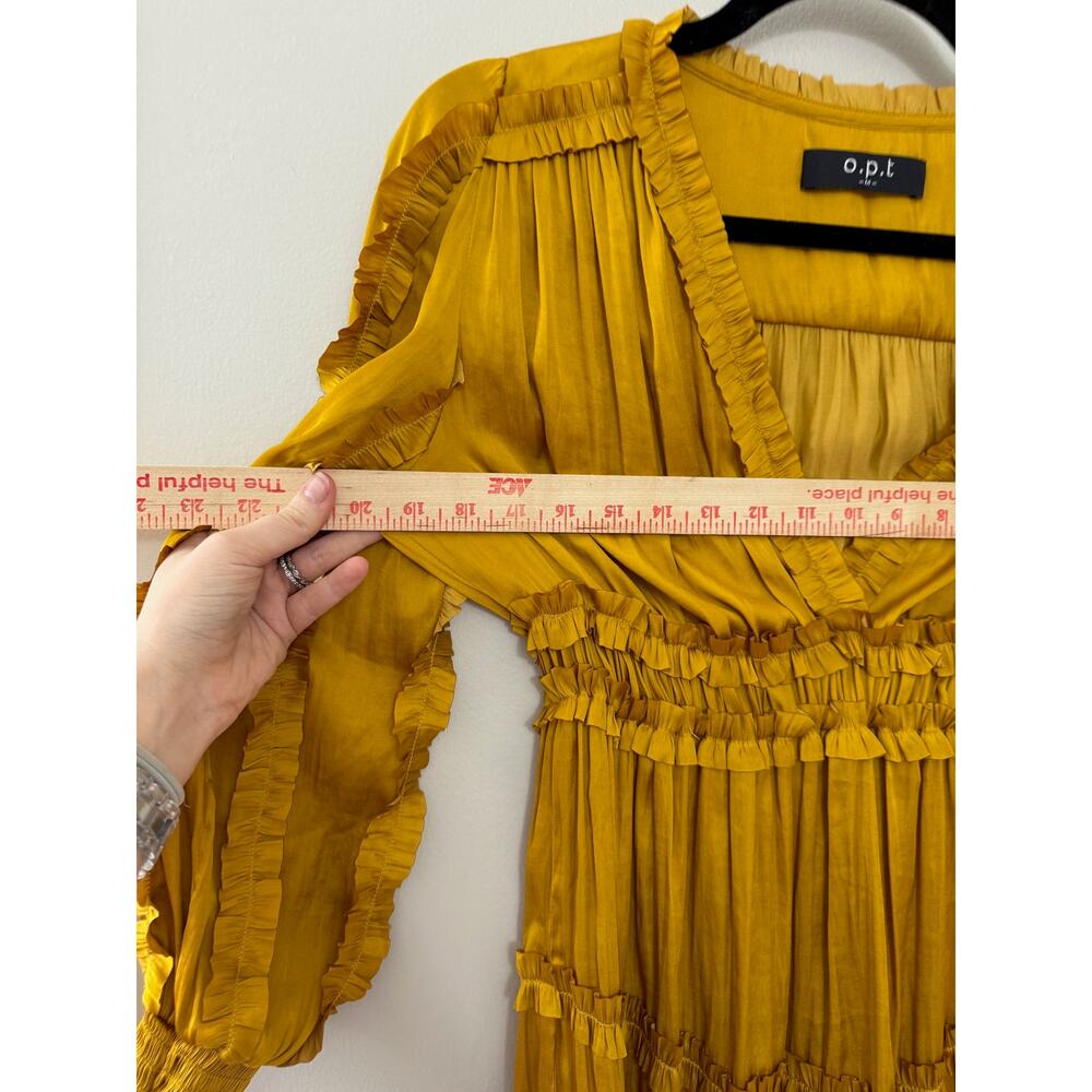 O.P.T. Feminine Modern Tianna Gold Pleated Ruffle Tiered Silky Mini Dress M - Picture 6 of 15